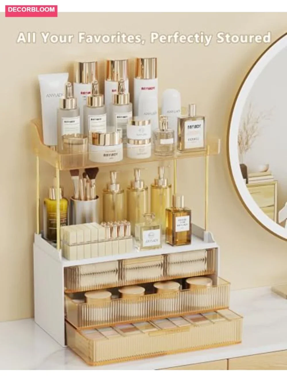 Multi-Tier Makeup Organizer with Drawers, Steel Frame, 50 lbs Capacity